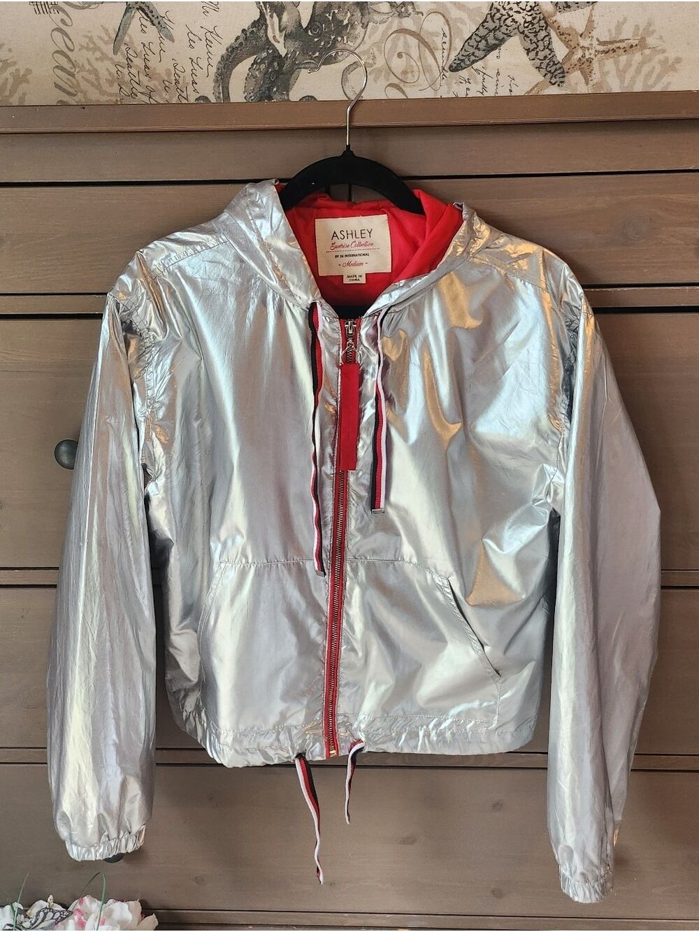 Ashley by 26 International Metallic Silver Windbreaker with Red Lining